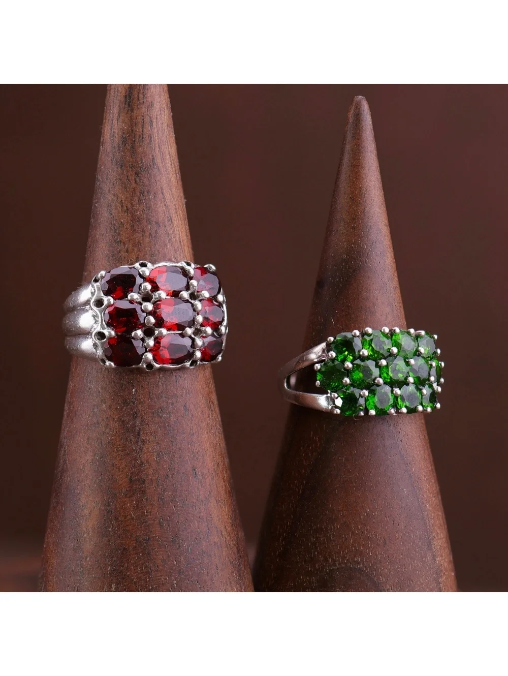 Two Sterling Cluster Statement Rings Deep Red Garnet & Forest Green Diopside 7